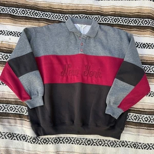 Vintage 90's New York Gray Red Black Fleece Pullover Collared Sweatshirt Sz XL - Picture 1 of 6