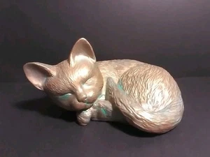 1987 Ceramic Handpainted Curled Sleeping Cat Gold Metallic Turquois Figurine - Picture 1 of 10