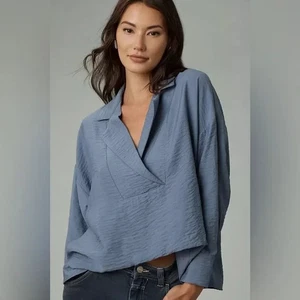 Anthropologie The Dylon blaues Langarm-Top mit weiter Knopfleiste in Blau Größe Small - Bild 1 von 9