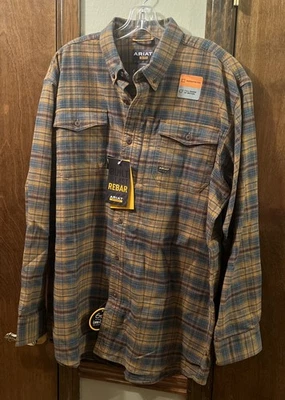 Camisa Ariat Para Hombre Barras de Refuerzo Franela Durastar LS WRK Dorado Marrón Grande Foto 1 de 4