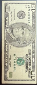 1999 TEN DOLLAR BILL MISALIGNED/MISCUT OFF-CENTER ERROR - Picture 1 of 2