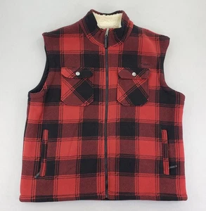 Cabelas Vest Mens XL Red Black Plaid Fleece Sherpa Lined Full Zip Pockets Hiking - Picture 1 of 24