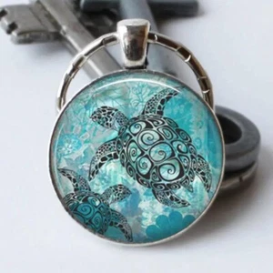 Blue Small And Big Turtle Time Gemstone Key Chain Round Ocean Sea Decor Gift New - Picture 1 of 3