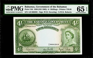 4/- Shillings 1936 (ND 1963) Bahamas, Government of the Bahamas PMG 65 EPQ Gem U - Picture 1 of 3