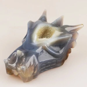 Teschio testa di drago quarzo cristallo agata geode naturale 4,6" intagliato a mano 451g - Foto 1 di 8