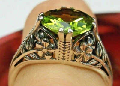 GENUINE Peridot Ring, Art Deco Silver Filigree (Custom-Made) D159 - Image 1 of 4