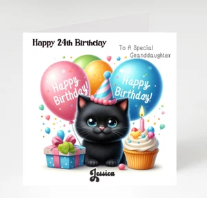 Personalised Cute Black Cat Birthday Card, Cat Card for Kids Friend Son Sister - Picture 1 of 5