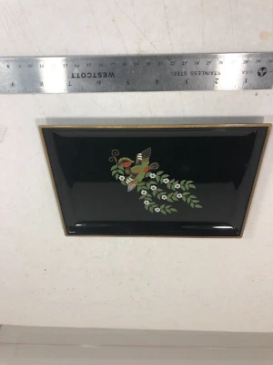 Rare Vintage Japanese Black Lacquer Serving Tray Gold Trim with bird and flower - Image 1 of 4