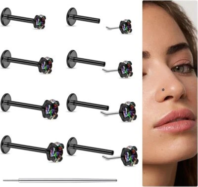 9PCS Tiny Bone Studs Surgical Steel Straight Nose Rings Ear Daith Lip Stud 20G - Image 1 of 4