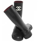 Chanel 22K Black White Caoutchouc Cc Logo High Pull On Rubber Rain Boots 42