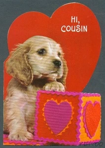 HI COUSIN Vintage VALENTINE HALLMARK Greeting Card COCKER SPANIEL HEART BOX  - Picture 1 of 3