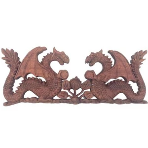 Decorative Wooden Panel Two Facing Dragon Plaque Carving 40x15cm - Picture 1 of 1