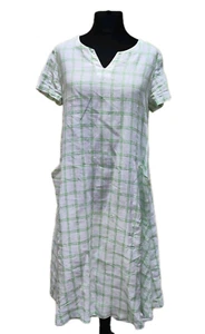 Sahara 100% Linen Dress Apple Green Check Print Size 2 UK 12-14 Pockets Smock - Picture 1 of 17