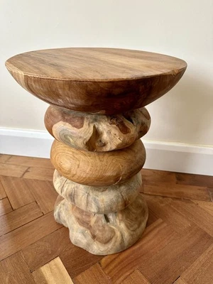 Round Teak Root Table Hand Carved Solid Wood Stool  Abstract End Side Lamp Table - Image 1 of 4