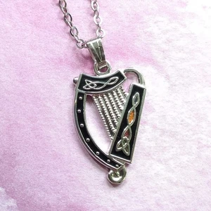 Celtic Lands Enamel Irish Harp Cut Out Pendant Necklace - Picture 1 of 4
