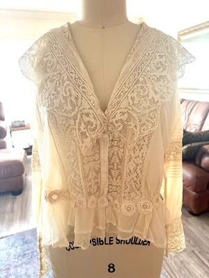 Antigua Blusa Vestido Eduardiana de Encaje Años 1900 Top Corpiño Vintage L Foto 1 de 4