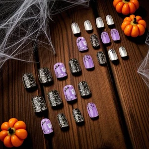 Halloween Fake Nails 3D Press On 24 Pack Kit Web Ghost Bat Short Round New - Picture 1 of 9