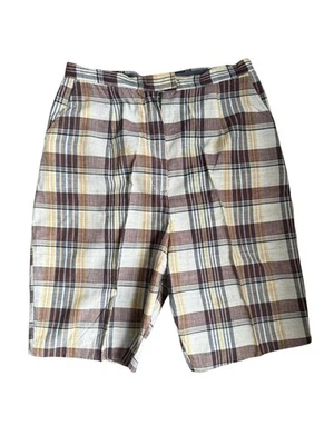 Shorts Madras de Algodão Vintage dos anos 1960 - Xadrez Marrom Azul - Totalmente Forrado - Bolsos - Imagem 1 de 4