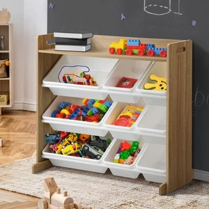 Oikiture 9 Bins Kids Toy Box Bookshelf Organiser Display Shelf Storage Rack - Picture 1 of 9