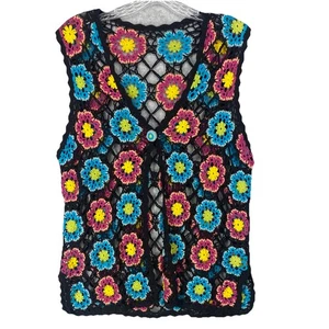 Mujeres M/L Negro Crochet Abuelita Cuadrado Floral Chaleco Boho Fairycore - Imagen 1 de 7