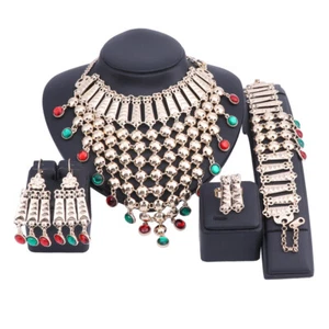 Dubai Nappe Oro Cristallo Collana Orecchini Anello Bracciale Set Gioielli Sposa - Foto 1 di 20