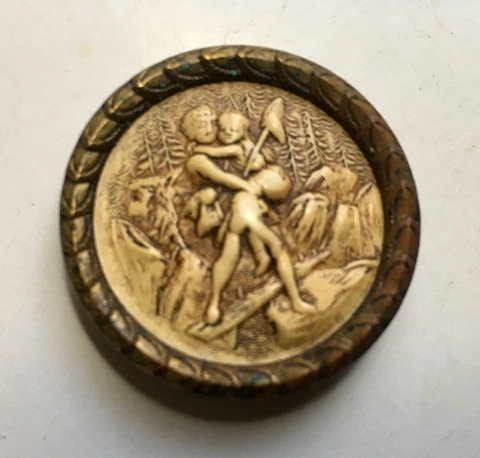 Antique Ivoroid Button Celluloid Paul & Virginia Shank High Detail Brass w Steel Cover