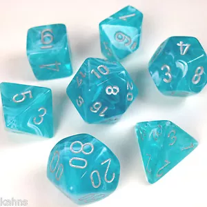 Chessex Dice Poly - Cirrus Aqua w/ Silver - Set of 7 - 27465 Free Bag! - DnD - Picture 1 of 1