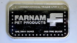 Rare "FARNAM PET PRODUCTS "ITU Mint" .999 Fine Silver Art Bar - Picture 1 of 2