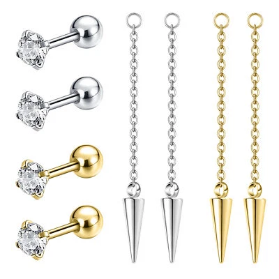 18G Stainless Steel Stud Earrings Spike Drop Dangle Earrings Chain Accessories - Image 1 of 4