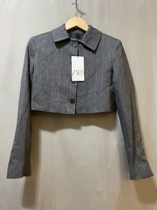 NWT ZARA Women Lapel Collar Long Sleeve Single-Breasted Crop Jacket Size XS Gray - Picture 1 of 16