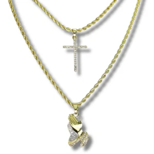 2pc Choker Set Thin Cross + Praying Hands Cz Pendants 14k Gold Plated Hip Hop  - Picture 1 of 4