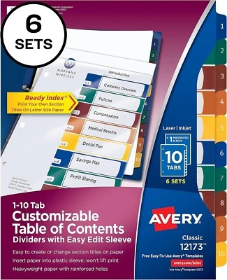 Avery 12173 Ready Index Customizable Table of Contents 10 Tab Letter Size 6 Sets - Image 1 of 4