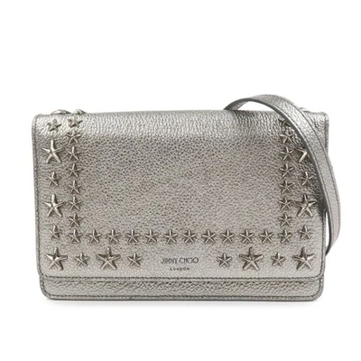 JIMMY CHOO Bolso Bandolera de Cuero de 2 Vías con Cadena Plateado Auténtico Usado Envío Foto 1 de 4