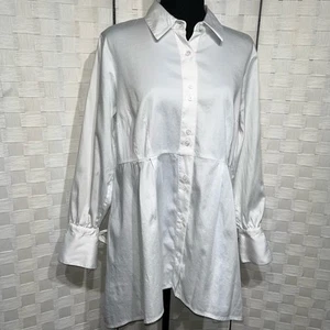 Weiche Umrandung Tunika Top Gr. Medium 100% Baumwolle weiß Schleife Bündchen Details - Bild 1 von 9
