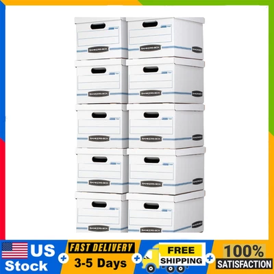 BANKERS BOX Basic Duty Letter/Legal File Storage Box with Lids, 10 Pack, White, Double wall