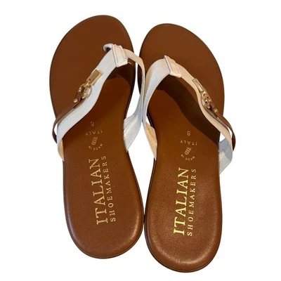 Italian Shoemakers Sandals Size 8 Brown White Thong Gold Accent Made In Italy - Image 1 of 4