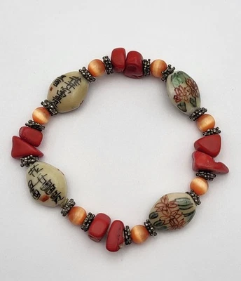 珊瑚中国手绘花卉陶瓷珠橙色猫眼弹力手链 — 第 1/4 张图片