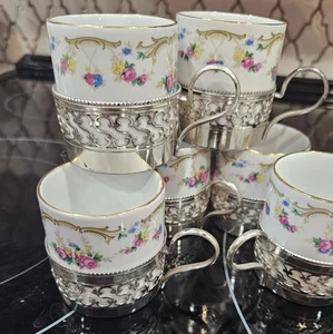 Vintage Set 6 Rare Capodimonte Demitasse Espresso Cups Silverplate Basket - Picture 1 of 15