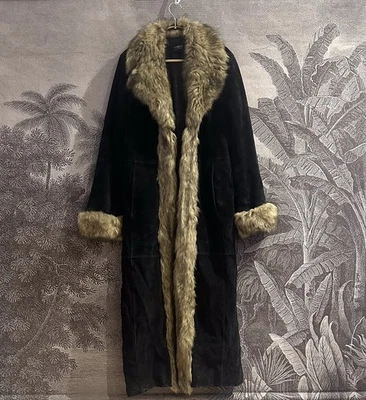 Manteau long afghan épique vintage véritable daim bois de chêne fourrure noire manteau afghan maxi taille M - Photo 1/4