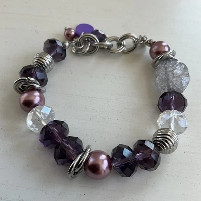 Pulseira feminina de contas de ametista roxa Lia Sophia prata rosa pedras de pérola falsa - Imagem 1 de 4