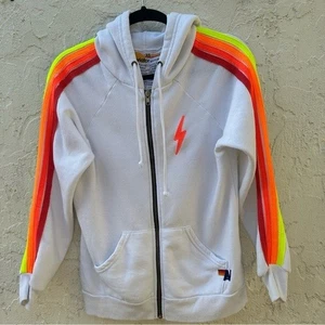 AVIATOR NATION Jacket Women XS Hoodie Full Zip Neon Stripe Lightning Bolt - Picture 1 of 13