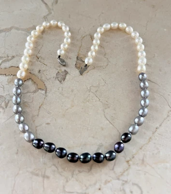 Collar de cuentas de perlas genuinas de oro 14K blanco gris y negro de 18" de largo Foto 1 de 4