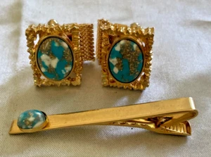 Vintage TÜRKIS & Gold Finish Wickel Manschettenknöpfe & Bonus Krawattenklammer Manschettenknöpfe - Bild 1 von 5
