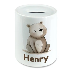 Personalised Name Cute Bear Money Box Piggy Bank Kids Savings Bank. Watercolour - Foto 1 di 2