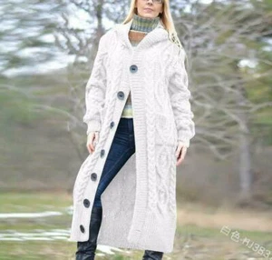S-5XL Womens Cotton Blend Long Cable-Knit Hooded Cardigan Thicken Knitwear Coat - Picture 1 of 14