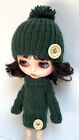 Sweater & Hat for Blythe Doll Green Handmade Knitted Set Snap Closure