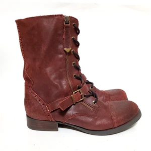 Aldo Boots Womens 7 Burgundy Leather Zip Military Punk Grunge Boho Lagenlook - Picture 1 of 9