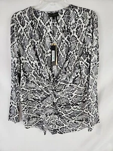 NWT! $325 Donna Karan Black White Snake Print Blouse V Neck Faux Wrap Size L - Picture 1 of 7