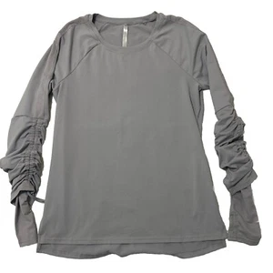Fabletics Pullover Gray Top Size Medium Long Sleeve Ruched Thumbholes Gym Yoga - Picture 1 of 7