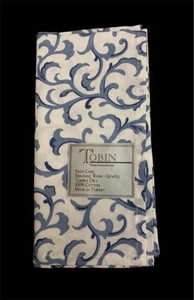 TOBIN 8 Cotton Napkins NEW With TAGS Blue & White Scrolling Vines Scroll Turkey - Picture 1 of 10